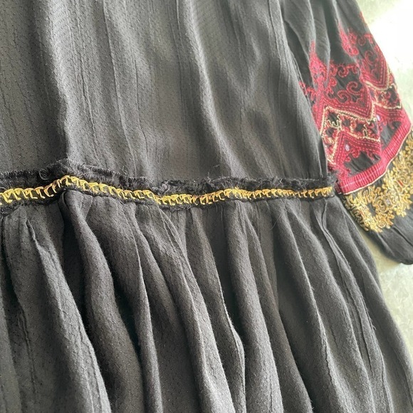 Free People Wild One Black Dress Small Embroidered Drop Waist Peasant Mini L/S - Picture 7 of 16